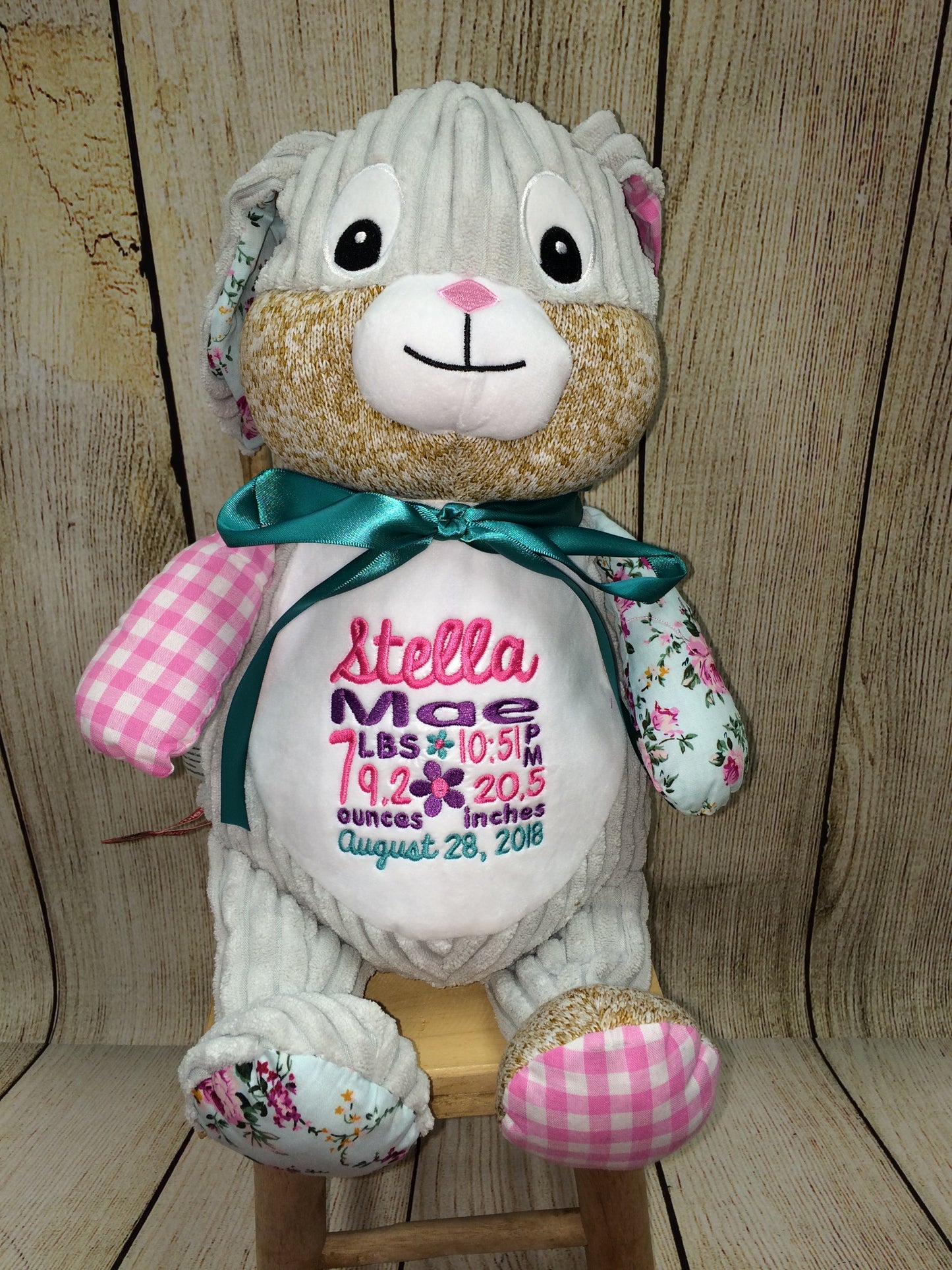 Cubbies™ Harlequin Pink Bunny Stuffie with Custom Embroidery