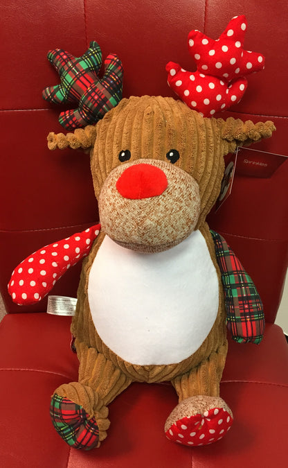 Cubbies™ Harlequin Red Plaid/Dot Deer Stuffie with Custom Embroidery