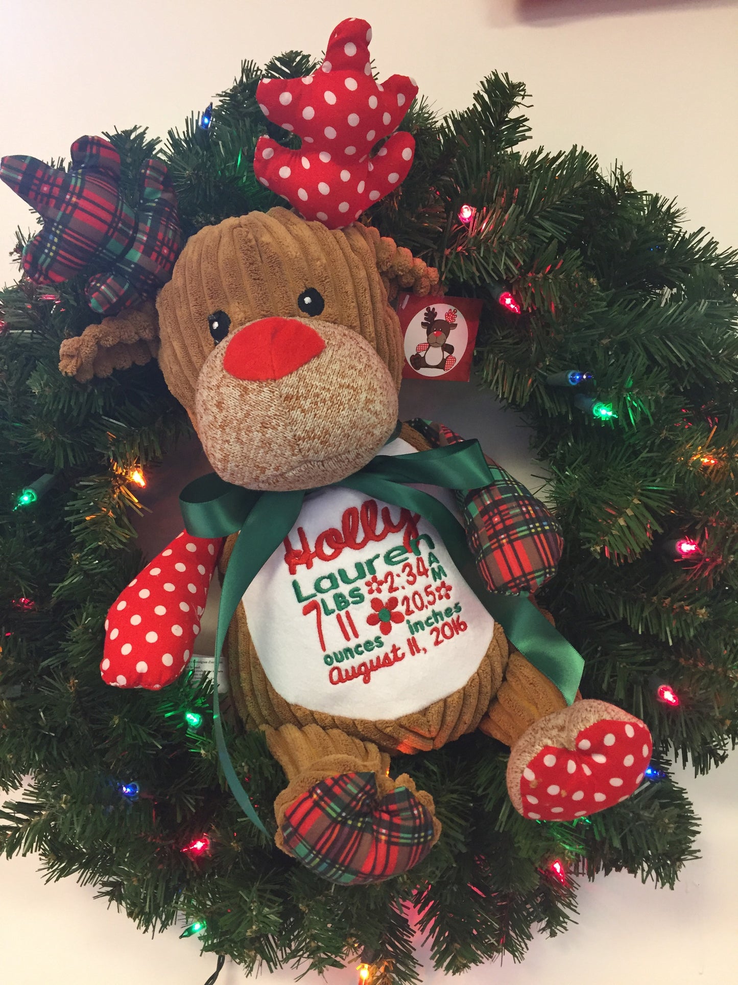 Cubbies™ Harlequin Red Plaid/Dot Deer Stuffie with Custom Embroidery